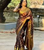 Brown floral, zari woven banarasi silk saree with blouse