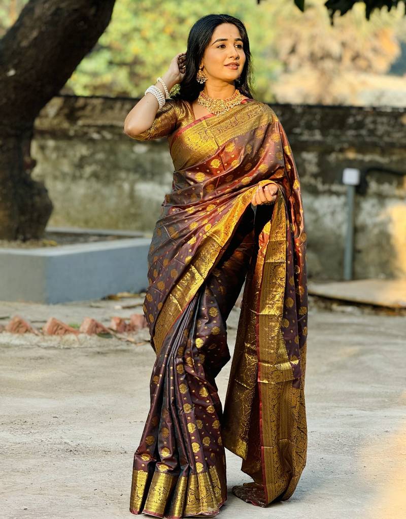 Brown floral, zari woven banarasi silk saree with blouse