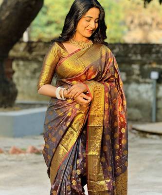 Brown floral zari woven banarasi silk blend saree with blouse 2