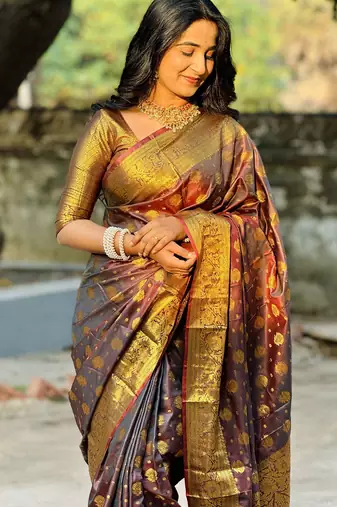 Brown floral, zari woven banarasi silk saree with blouse