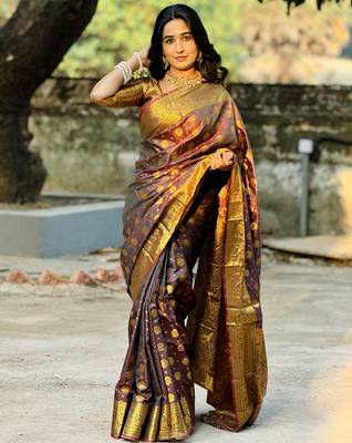 Brown floral zari woven banarasi silk blend saree with blouse 3