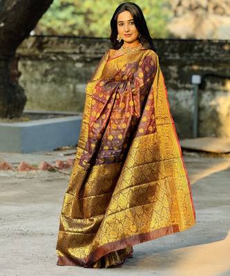 Brown floral zari woven banarasi silk blend saree with blouse 4
