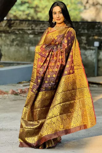 Brown floral, zari woven banarasi silk saree with blouse