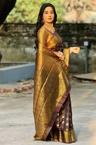 Brown floral, zari woven banarasi silk saree with blouse