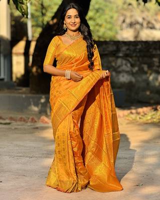 Orange floral zari woven banarasi silk blend saree with blouse 1