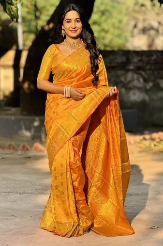 Orange floral, zari woven banarasi silk saree with blouse