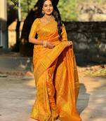 Orange floral, zari woven banarasi silk saree with blouse