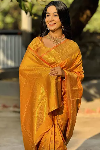 Orange floral, zari woven banarasi silk saree with blouse