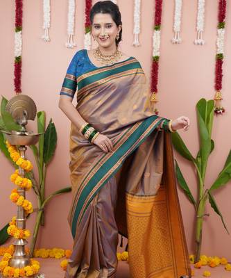 Beige floral, zari work soft silk saree with blouse 3