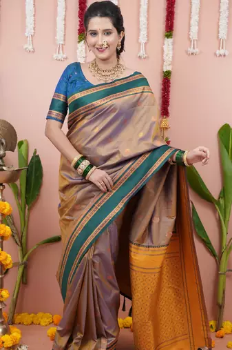 Beige floral, zari work soft silk saree with blouse