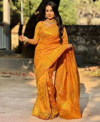 Orange floral zari woven banarasi silk blend saree with blouse 3