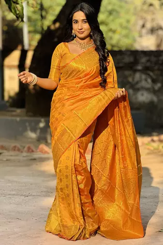 Orange floral, zari woven banarasi silk saree with blouse