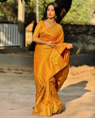 Orange floral zari woven banarasi silk blend saree with blouse 4