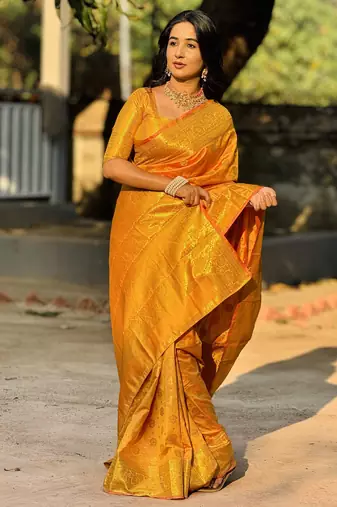 Orange floral, zari woven banarasi silk saree with blouse
