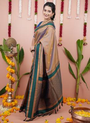 Beige floral, zari work soft silk saree with blouse 4