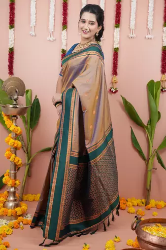 Beige floral, zari work soft silk saree with blouse