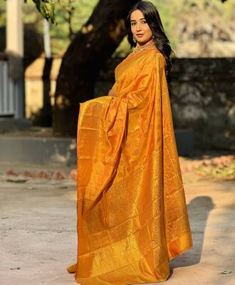 Orange floral zari woven banarasi silk blend saree with blouse 5