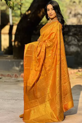 Orange floral, zari woven banarasi silk saree with blouse