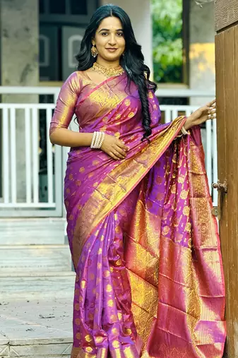 Purple floral, zari woven banarasi silk saree with blouse