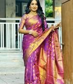 Purple floral, zari woven banarasi silk saree with blouse