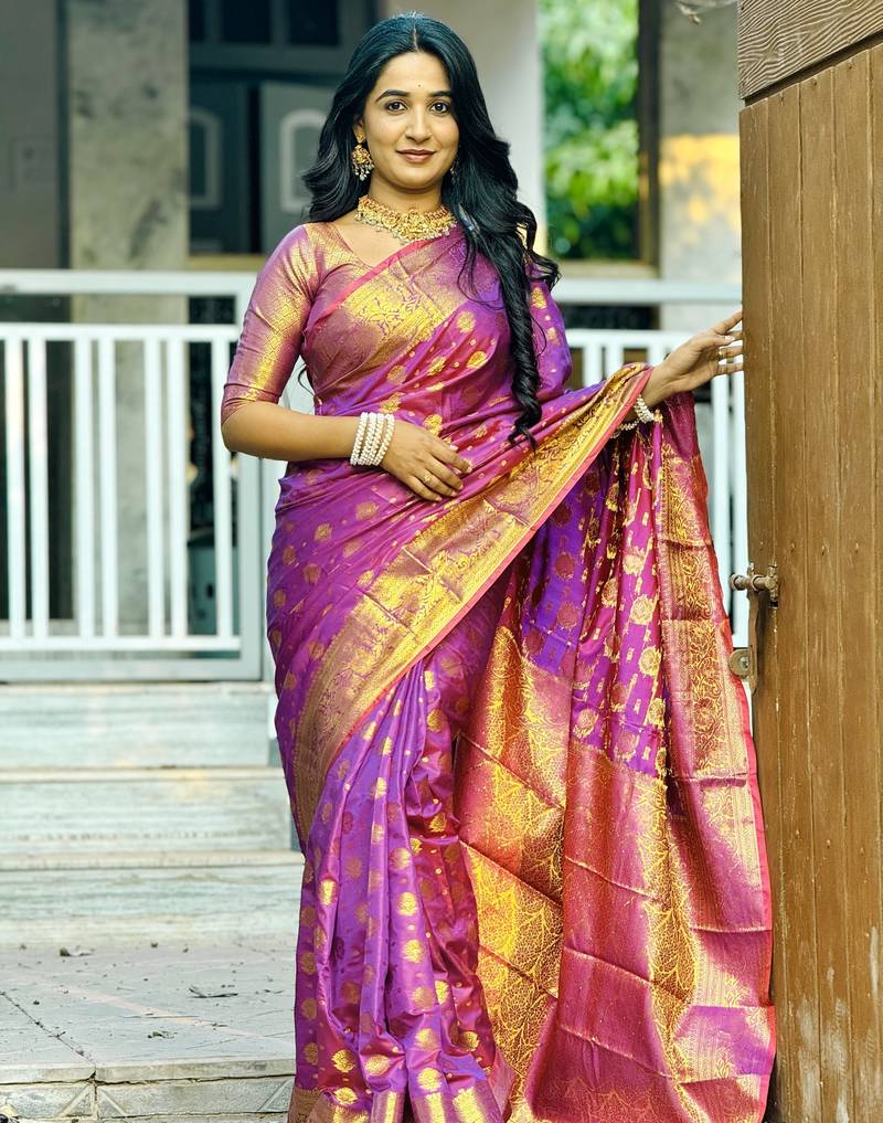 Purple floral, zari woven banarasi silk saree with blouse