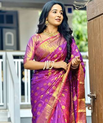 Purple floral zari woven banarasi silk blend saree with blouse 2