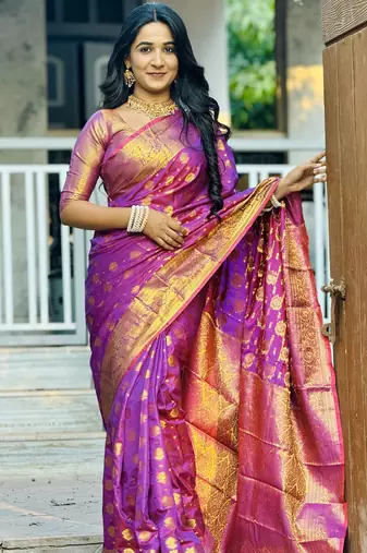 Purple floral, zari woven banarasi silk saree with blouse