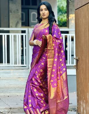 Purple floral zari woven banarasi silk blend saree with blouse 4