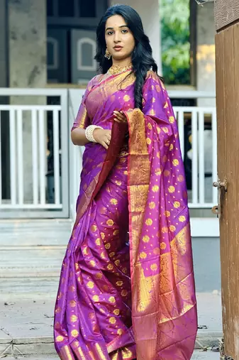 Purple floral, zari woven banarasi silk saree with blouse