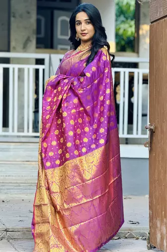 Purple floral, zari woven banarasi silk saree with blouse