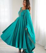 Pure roman chanderi silk febric embroidary sequqnce work teal blue readymed ethnic gown