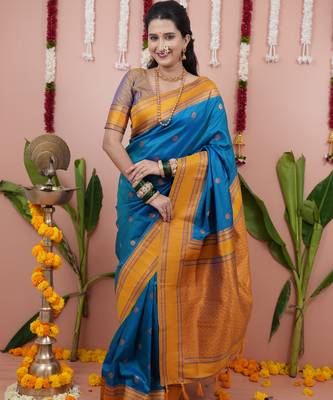 Blue floral, zari work soft silk saree with blouse 1