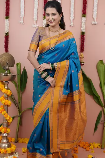 Blue floral, zari work soft silk saree with blouse