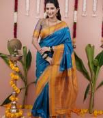 Blue floral, zari work soft silk saree with blouse