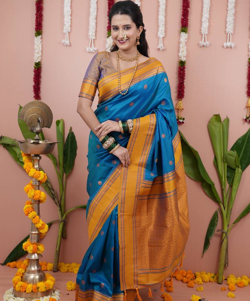 Blue floral, zari work soft silk saree with blouse
