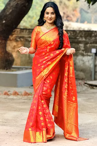 Red floral, zari woven banarasi silk saree with blouse