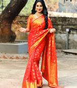 Red floral, zari woven banarasi silk saree with blouse