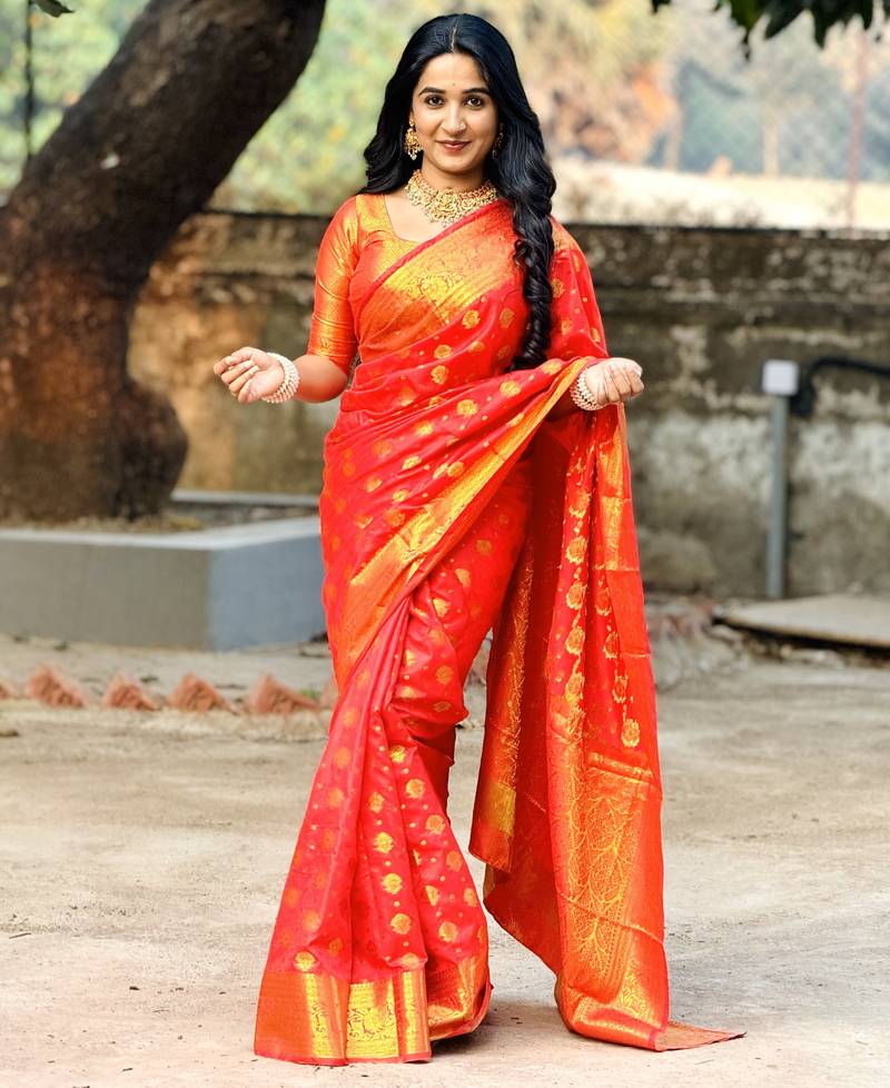 Red floral, zari woven banarasi silk saree with blouse