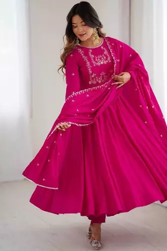Pure roman chanderi silk febric embroidary sequqnce work rani pink readymed ethnic gown