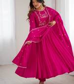 Pure roman chanderi silk febric embroidary sequqnce work rani pink readymed ethnic gown