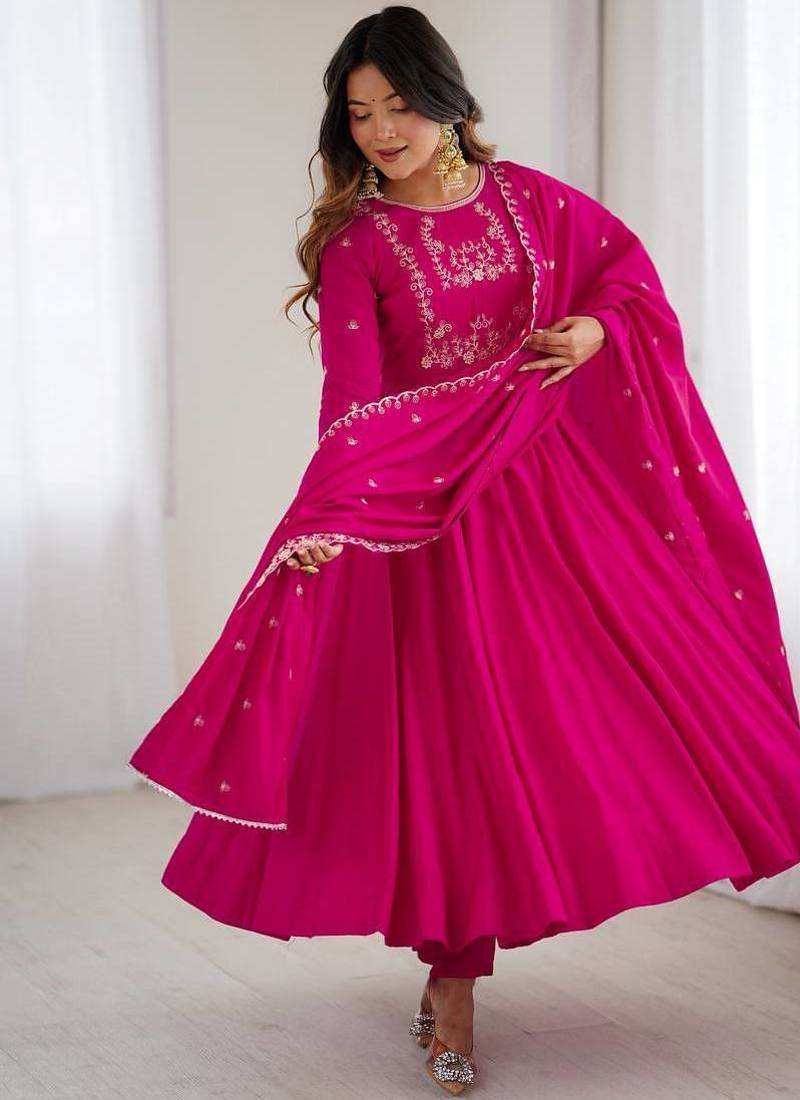 Pure roman chanderi silk febric embroidary sequqnce work rani pink readymed ethnic gown