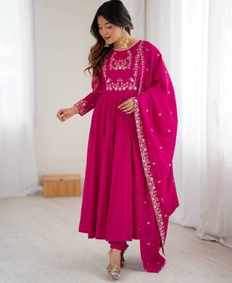 Pure roman chanderi silk febric embroidary sequqnce work rani pink readymed ethnic gown 2