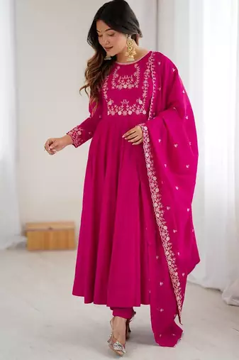 Pure roman chanderi silk febric embroidary sequqnce work rani pink readymed ethnic gown