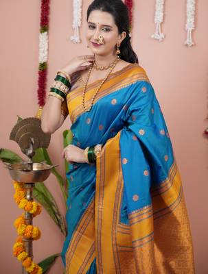Blue floral, zari work soft silk saree with blouse 2