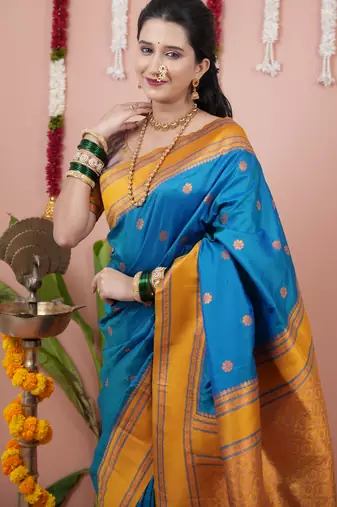 Blue floral, zari work soft silk saree with blouse