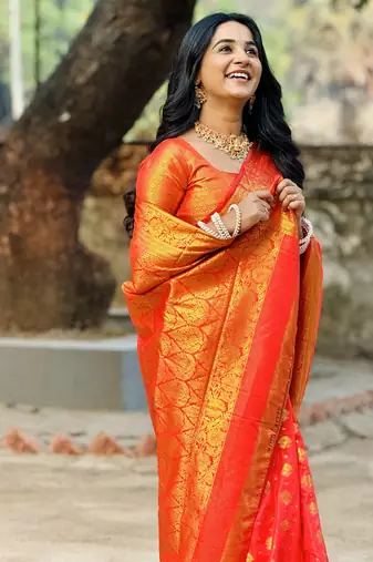 Red floral, zari woven banarasi silk saree with blouse