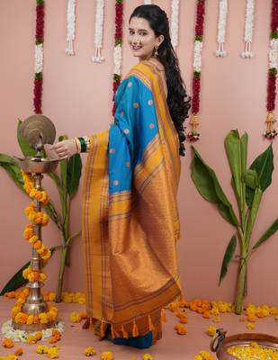 Blue floral, zari work soft silk saree with blouse 3