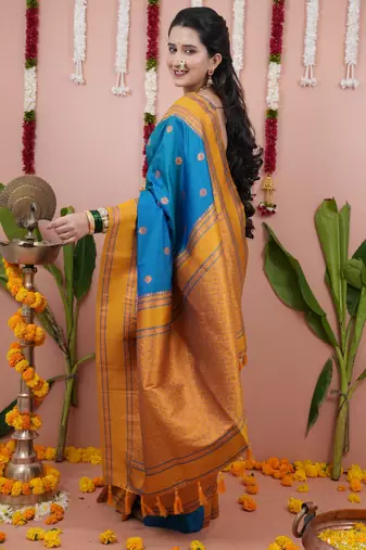 Blue floral, zari work soft silk saree with blouse