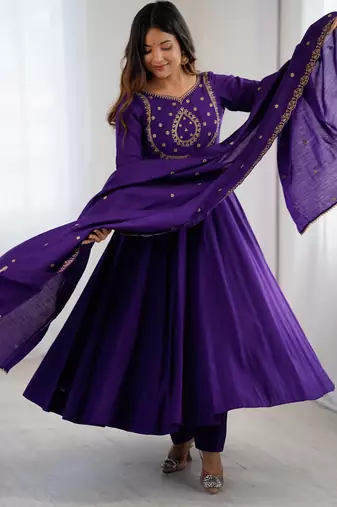 Chanderi silk hand work purple readymade gown