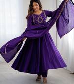 Chanderi silk hand work purple readymade gown